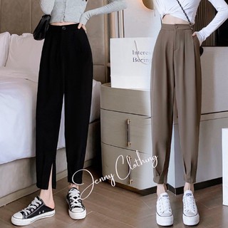 Quần baggy nữ bo gấu dáng bom lưng thun khóa kéo ống cá tính chất vải tuyết mưa màu đen - nâu mặc đi chơi làm công sở