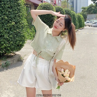Áo sơ mi tay ngắn VM STYLE eo rút 2 nơ crop, áo kiểu nữ thời trang ulzzang Hàn Quốc 22SU022X1102