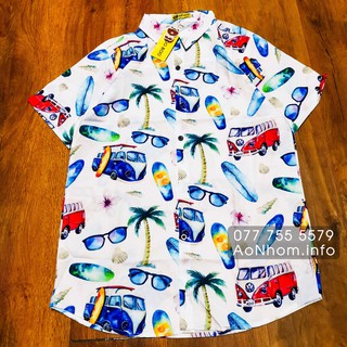 Áo Sơ Mi Đi Biển - Xe Bus Travel, Cây Dừa - Áo Đôi Nhóm Lớp Team Building, Hoạ Tiết Hoa Lá Trái Cây Hawaii #AA090