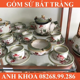 Ấm chén men tro dáng vại hoa sen Bát Tràng - Gốm sứ Bát Tràng Anh Khoa