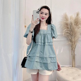 Set Xanh Ngọc Cổ Vuông Mix Quần Short Be Cao Cấp