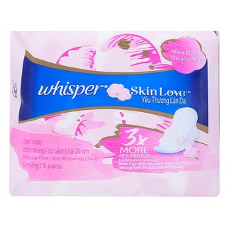Băng vệ sinh Whisper Skin Love siêu mềm siêu mỏng có cánh 5 miếng