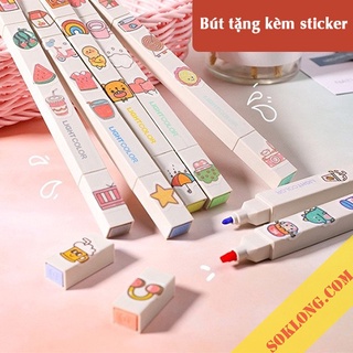 Bút highlight 2 đầu Light Color đánh dấu màu pastel HI06 tặng kèm sticker