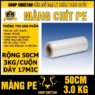 Màng chít PE 3kg*50cm – Màng cuốn pallet – Màng co bọc hàng hóa – Dính và dai chắc – Rộng 50cm x 3kg/cuộn