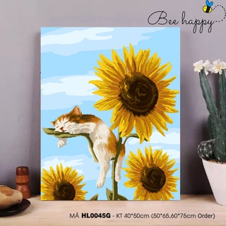 Tranh Sơn Dầu Số Hóa Chú Mèo Lười Trên Cành Hoa Hướng Dương BEE HAPPY Tranh Số Hóa Mã HL0045G