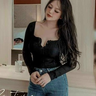 áo kiểu thun bozip tay dài hở 3 nút ngực hình thật đủ màu