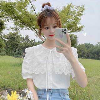 áo sơ mi nữ ngắn tay A001, áo tiểu thư viền ren phong cách hàn quốc A001