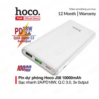 Pin sạc dự phòng Hoco J58 dung lượng 10000mAh, sạc nhanh 2A, PD 18W, Q,C 3.0, 3 cổng Output, đèn LED báo mức pin