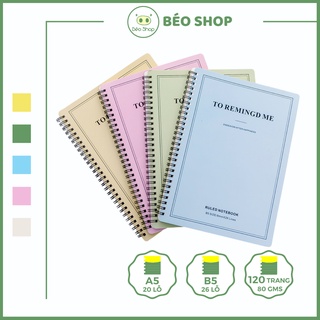 Sổ tay ghi chép gáy xoắn lò xo A5 B5 Béo shop dòng kẻ ngang 120 trang bìa màu pastel S02