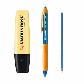 Bộ 1 bút bi bấm STABILO Performer+ 328 xanh + 1 Ruột xanh + 1 Bút dạ quang STABILO BOSS Pastel vàng phấn (HLP-BP328F)