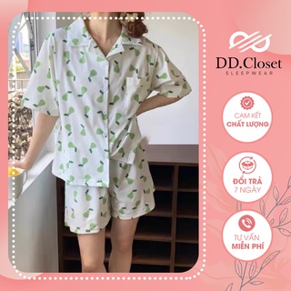 Bộ đồ ngủ pijama nữ cộc tay quần đùi chất lụa Kate Thái mềm mịn màu trắng họa tiết quả lê xanh đáng yêu - CD0041