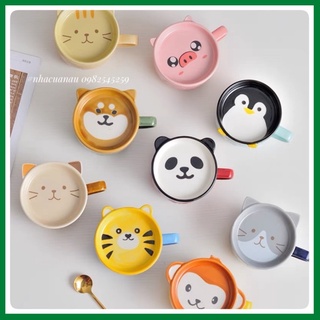 Cốc sứ hình khỉ, heo, chim cánh cụt, hổ xinh xắn làm cốc cho bé, dùng uống nước văn phòng nắp đa năng tiện dụng