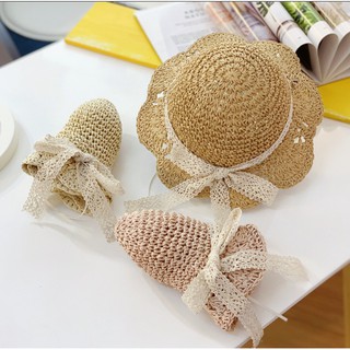 Mũ cói đính nơ dây ren tiểu thư cho bé gái từ 5 đến 10 tuổi