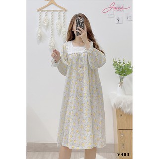 Váy ngủ dài tay phong cách cổ điển Đồ ngủ nữ tiểu thư chất đũi bèo tay Jane mã V4