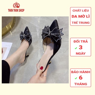 Giày sục nữ cao gót 6p nơ đá họa tiết nổi bật, Giày cao gót nữ mũi nhọn cao 6p, Teen Teen Shop.