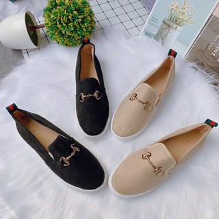 Giày slip on da lộn gót kẻ tag khoá mẫu mới rẻ đẹp tiện dụng