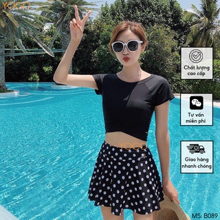 Bộ Đồ Bơi Nữ Hai Mảnh Áo Croptop Dây Dan Chéo Chân Váy Xòe Chấm Bi Xinh Xắn Trẻ Trung Đi Biển Đi Bơi Mùa Hè YOGO B089