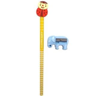 Bút Chì Gỗ Gôm Thú HB Kèm Chuốt - Màu Vàng (Đầu Gôm Nhiều Hình Giao Ngẫu Nhiên)