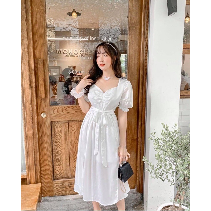 Đầm trắng phi xẻ tà thắt eo