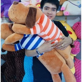 Gối ôm chó bông mặc áo kẻ sọc dài 90cm (ẢNH + VIDEO THẬT 100%)