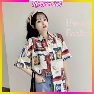 Áo sơ mi nữ form rộng tay lỡ freesize Mẹ Sam 24h, chất liệu đũi mềm mát, họa tiết in hình Ô Tranh