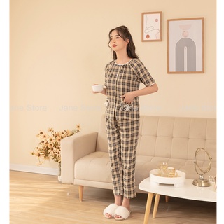 Bộ đồ ngủ áo cộc quần dài mùa hè chất thô đũi mềm mát Bộ đồ kẻ áo cộc quần dài kẻ viền cổ trắng Jane mã KD10