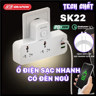 Ổ điện SẠC NHANH gắn tường tích hợp đèn ngủ chính hãng drapow SK22 Sạc nhanh USB-C 20W PD cổng QC 3.0 18w tech chất