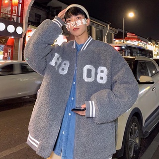 Áo khoác nỉ lông cừu trần bông H8-08 phom rộng Nam Nữ-thời trang unisex