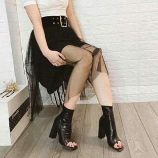 boot gót vuông xỏ ngón cao cấp hộp hoa đào