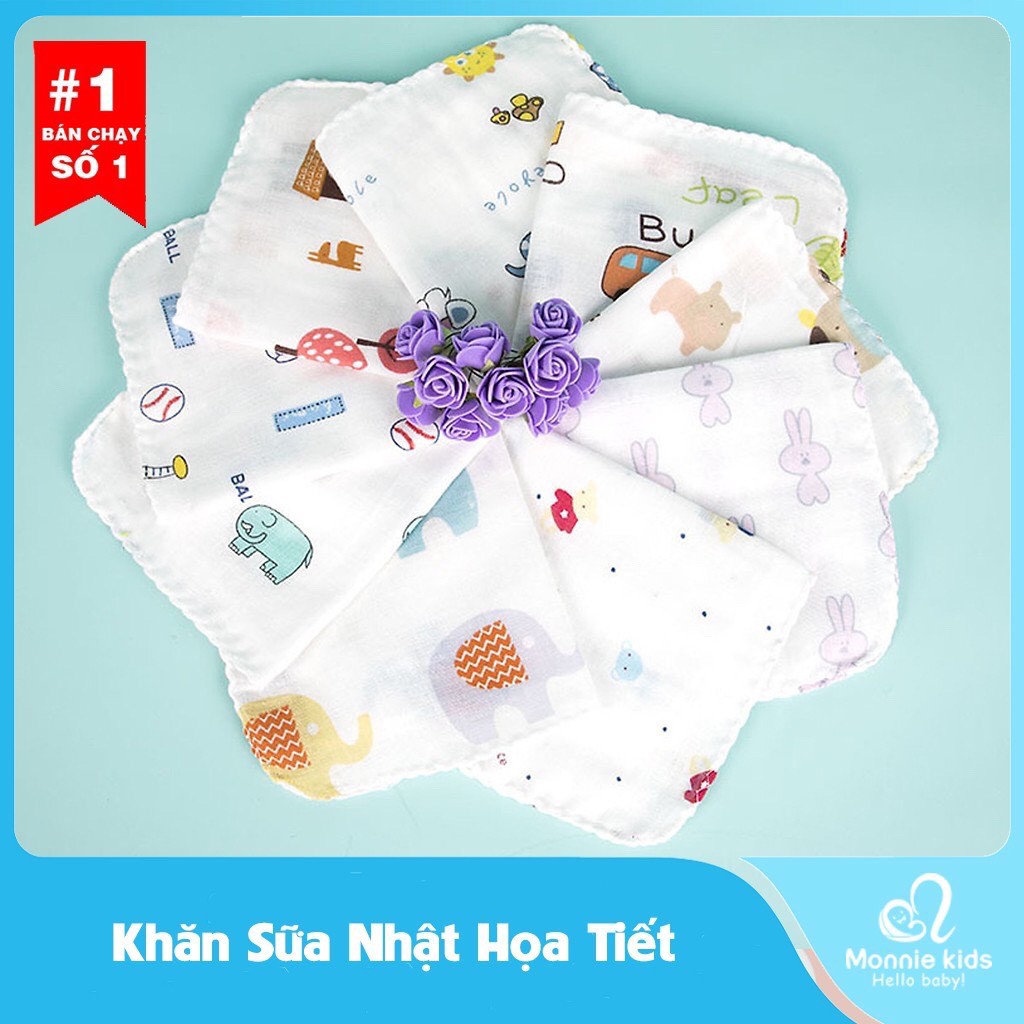 Set 10 khăn sữa xô Nhật họa tiết cho bé 32x32cm, khăn sữa ăn dặm 100% cotton - Monnie Kids