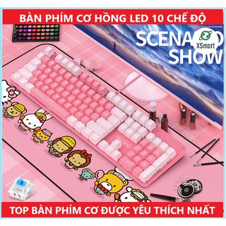 Bàn phím cơ máy tính HỒNG Cute T900 có 10 chế độ LED khác nhau, keybroad blue switch gõ cực đã cho cả pc, laptop