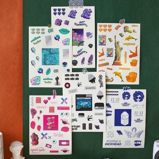 Set 4 sticker vintage biểu tượng phong cảnh, cherry, ice-cream phong cách retro