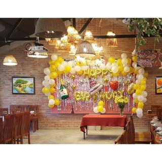 combo chữ happy birthday đủ phụ kiện + 50 vỏ bóng bạc vàng, rèm