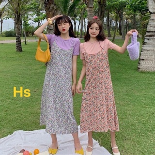 Set váy vintage yếm hoa nhí 2 dây kèm áo phông trơn