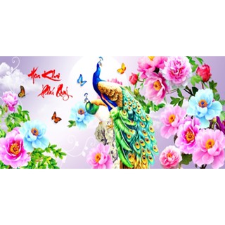 Tranh thêu chữ thập Hoa khai phú quý Công mẫu đơn 3D LV3192- chưa thêu