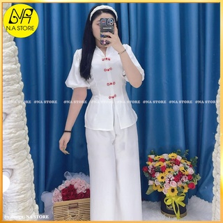 Đồ Lam Đi Chùa - Bộ Đi Lễ Chùa Nữ Cao Cấp Trang Nhã Cổ Tim Phối Nút Tàu Thủ Công Vải Lụa Tầm Tay Phồng AL036
