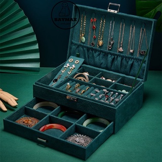 Hộp đựng trang sức, khuyên tai, dây chuyền, nhẫn, 2 TẦNG, SIZE TO, khung gỗ, bọc nhung, có khóa chống trộm, nhiều ngăn