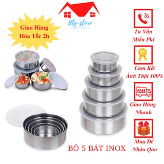 Sét 5 bát inox có nắp đậy silicon đựng bảo vệ thực phẩm,bộ thố lạnh inox 5 món tiện dụng.