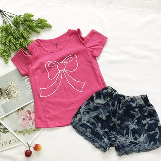 Bộ bé gái áo thun in nơ quần jeans - bg182