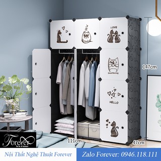 Tủ nhựa cho bé 12 ô 111*147*47cm Decal mèo ngộ nghĩnh màu đen
