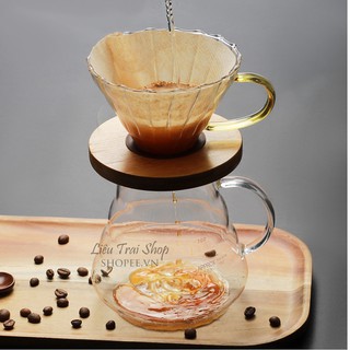 Bộ bình và phễu v60 pha cà phê giấy lọc Pour over  drip brew giá gỗ tròn gioăng silicone có quai