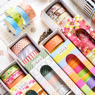 Washi tape hộp 10 cuộn băng dính họa tiết màu cơ bản  trang trí sổ tay butllet journal, album