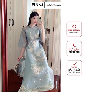 Áo dài cách tân tơ Xanh Ngọc Đào với hoạ tiết kết đính sang trọng nổi bật tiểu thư dành cho sự kiện đi chơi chụp ảnh
