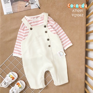 Set đồ cho bé -Yếm quần nhung be cúc lệch và áo thun kẻ hồng cho bé của COCANDY mã YQ106270, AT109131
