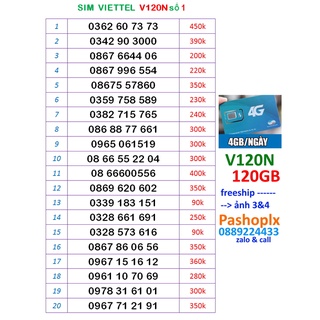 Sim V120N 10 số đẹp viettel 4g số 1( 120gb 1 tháng, nghe gọi miễn phí nội mạng, liên mang)