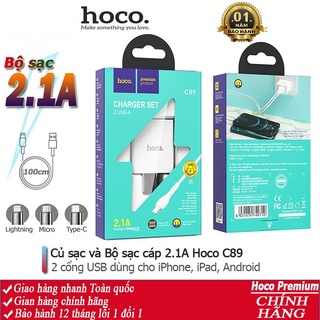⚡Mới⚡Bộ sạc nhanh Hoco C89 2 cổng USB + cáp sạc X37 cổng IP/tablet táo/Micro/TypeC Android DÂY 1M-