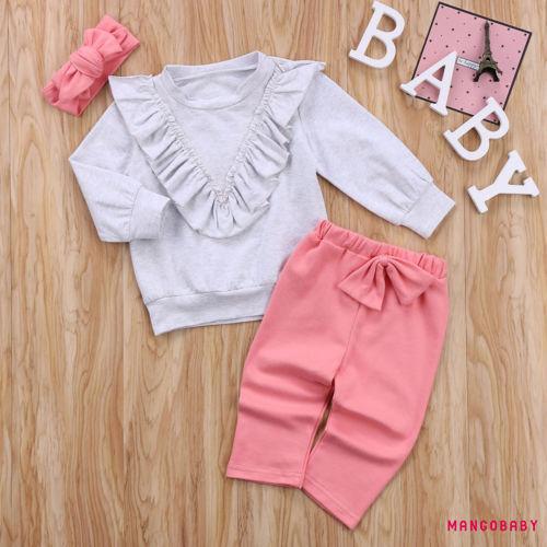 Set Áo Cotton Họa Tiết Hoa + Quần Dài + Băng Đô Cài Tóc Cho Bé Gái