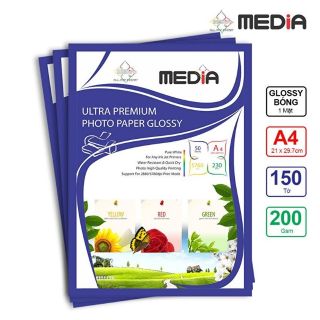 Bộ 3 xấp giấy in ảnh Media 1 mặt bóng A4 200gsm 50 tờ x3