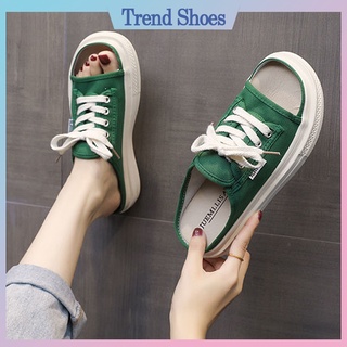Giày Sục Nữ Thể Thao Hở Mũi Xanh Lá Vải Canvas, Đế Cao 3cm Thời Trang Năng Động