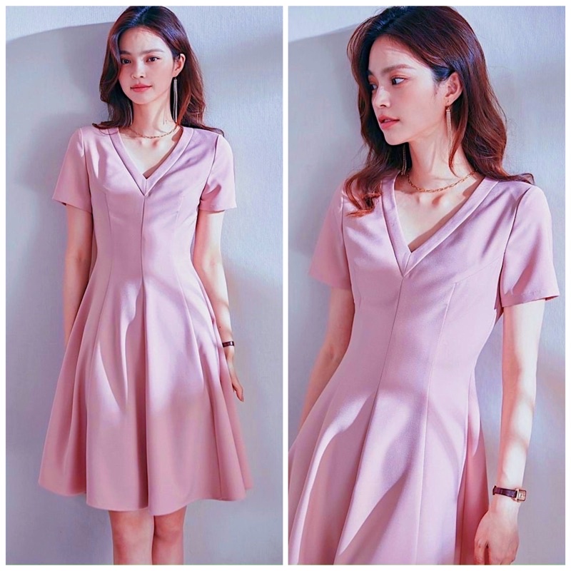 Đầm xoè, váy vintage, váy công sở màu hồng cổ V basic xuongvnxk vnxk (kèm hình thật)